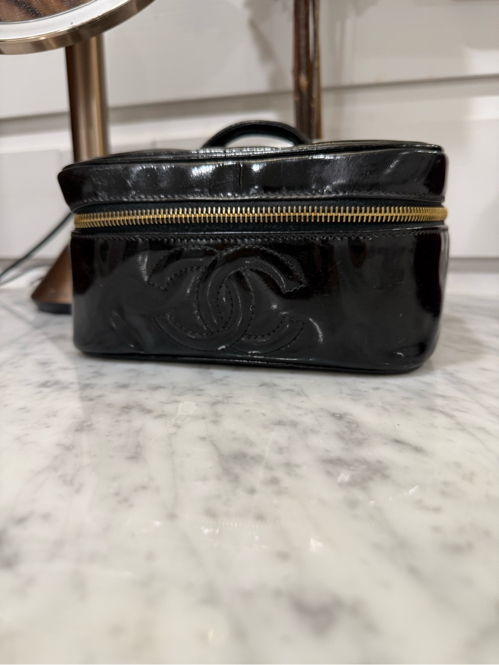 CHANEL Black Patent Leather Cosmetic Vanity Case with Gold Zipper